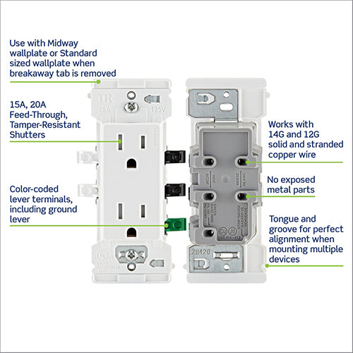 Lever Edge 15 Amp / 20 Amp Feed-Through Tamper-Resistant Duplex Outlet, White