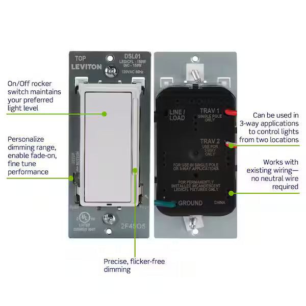 Decora Rocker White LED Advanced Dimmer Switch for LED and Incandescent Bulbs, 150-Watt Single Pole or 3-Way, DSL01-0LW