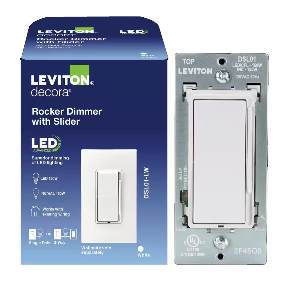 Decora Rocker White LED Advanced Dimmer Switch for LED and Incandescent Bulbs, 150-Watt Single Pole or 3-Way, DSL01-0LW
