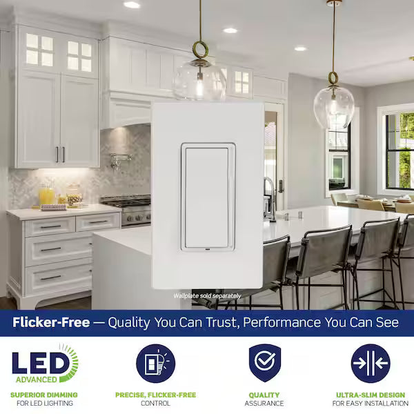 Decora Rocker White LED Advanced Dimmer Switch for LED and Incandescent Bulbs, 150-Watt Single Pole or 3-Way, DSL01-0LW